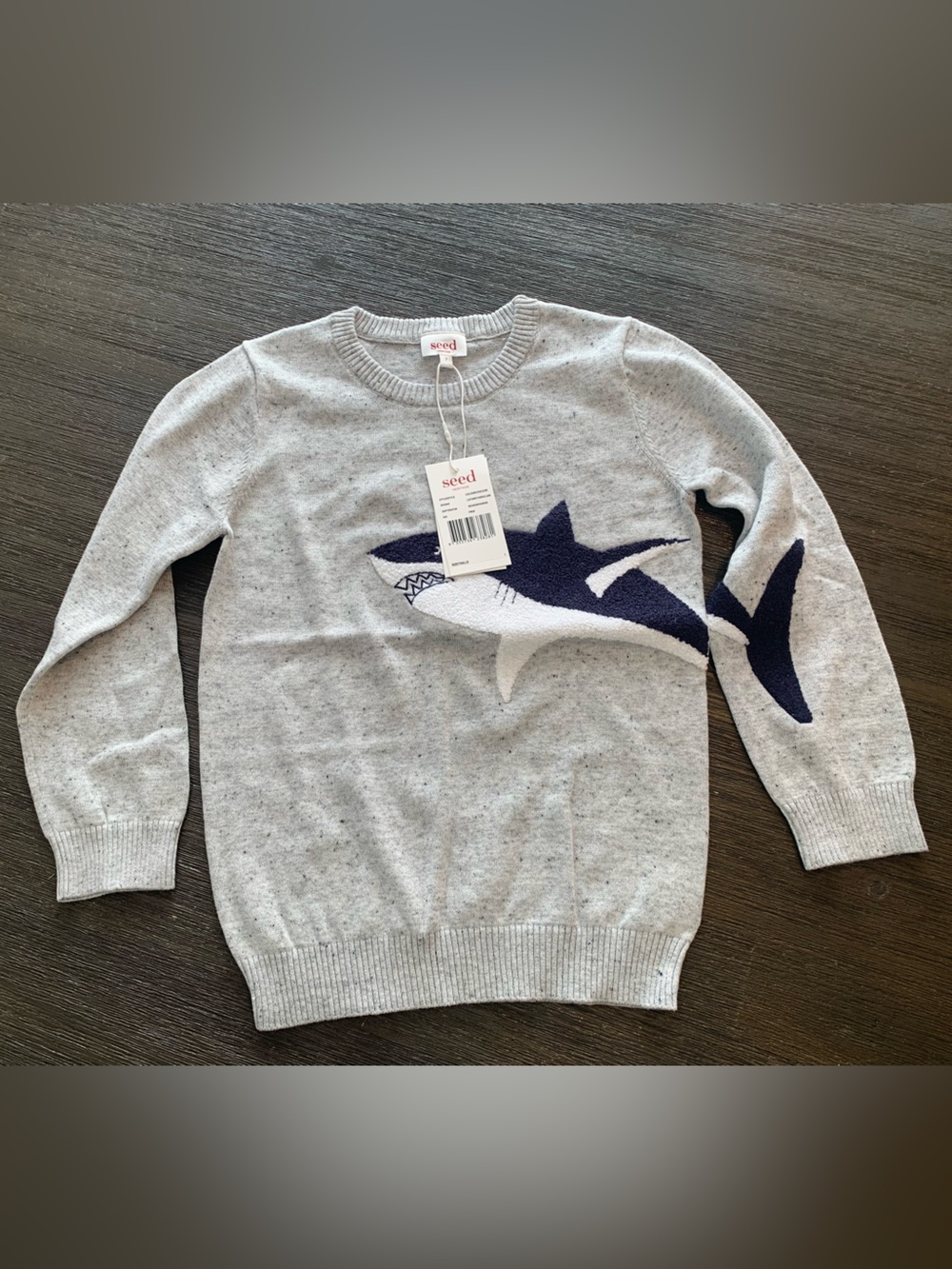 Seed Heritage Gray Sweater with Navy Shark Graphic